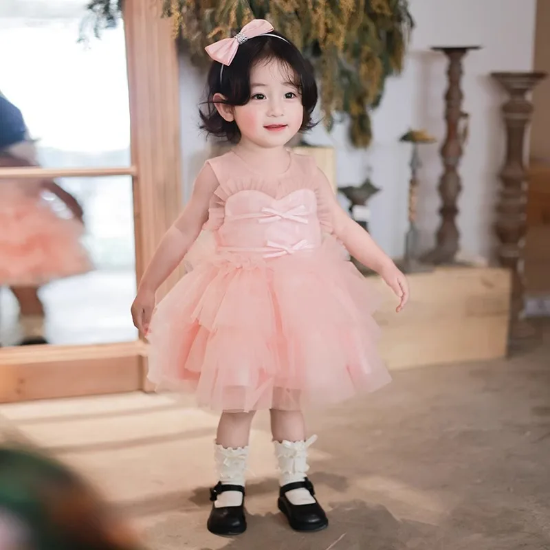 Children Girls First Birthday DressGirl Tutu Pageant Party Flower Girl Formal Costume Premium Baby Pink Princess Gown Flower