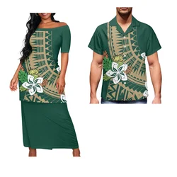 Elegant Off Shoulder Evening Party Dresses With Aloha Shirt Women Clothing Polynesian Tribal Puletasi Samoa Set Couple Match