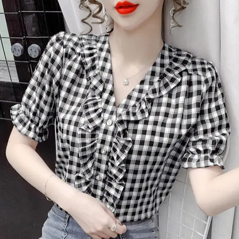 Plaid V Neck Slim Blouse Summer New Short Sleeve All-match Button Pleated Elegant Shirt Tops Tees Fashion Trend Women Clothing