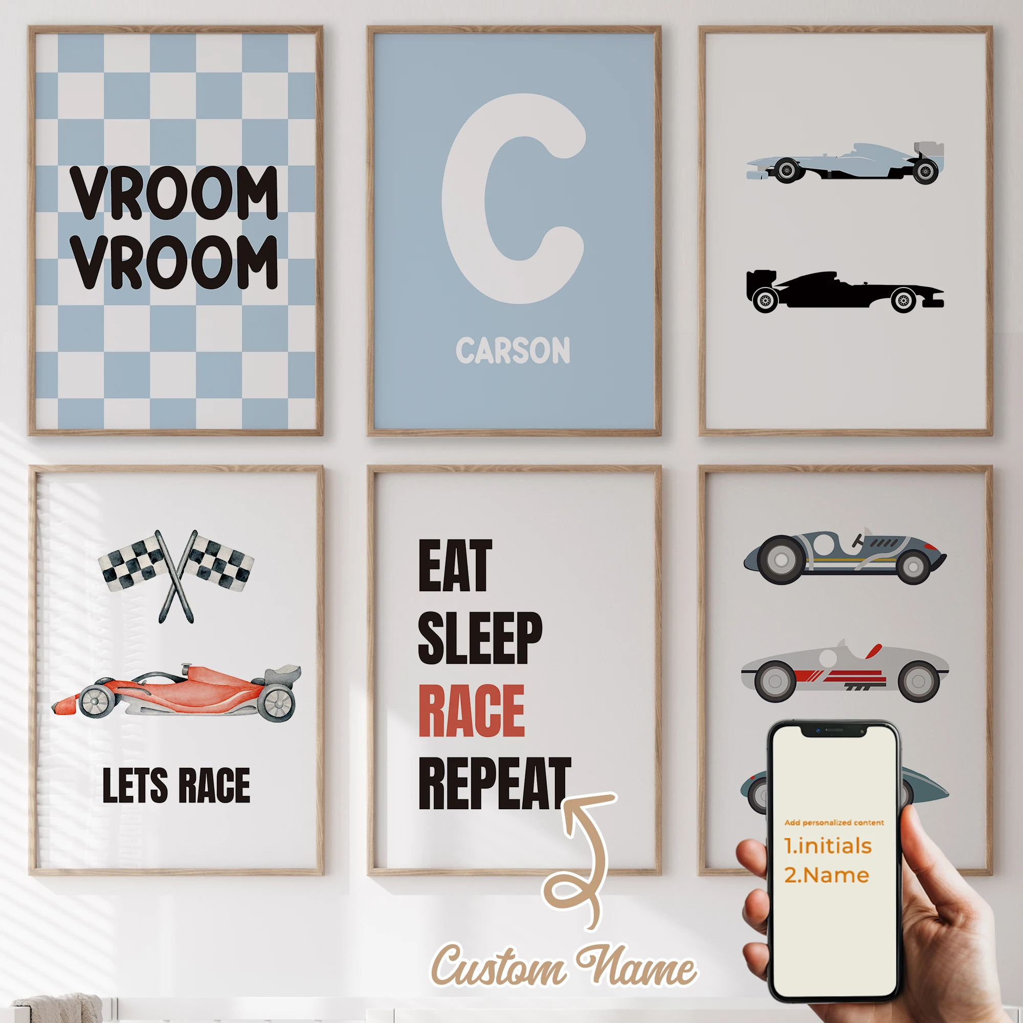 

3Pcs/6pcs Personalized Custom Name Cute Cartoon Racing Car Wall Art Print Picture For Living Room Kids Boy Room Home Decor Gift