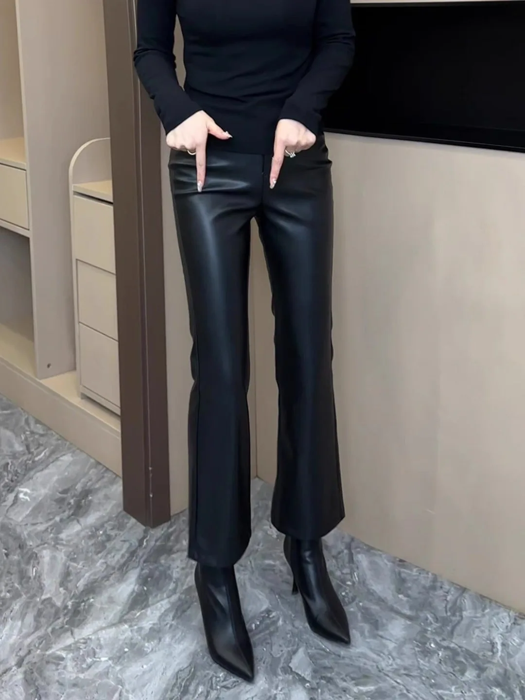 

Bla High Waist Real eep Leather Pants Women's Autumn Winter Slimming Sli Nine Point Casual Trousers Comfortable Soft