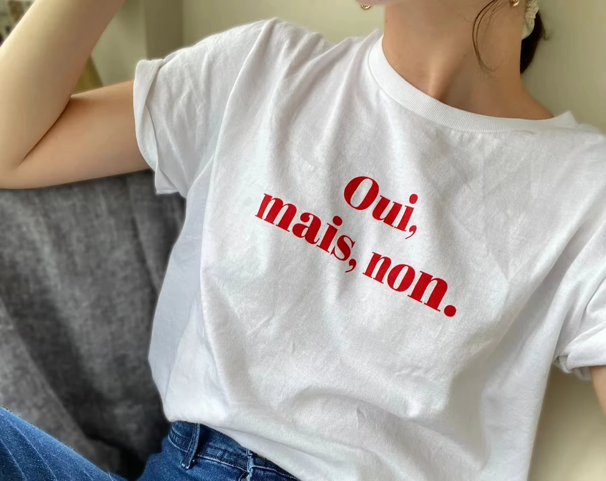 

Oui Mais Non French Letter Print T-shirt Minimalist Style Casual Short Sleeve Crew Neck Graphic T-shirt Fashion Women Clothing
