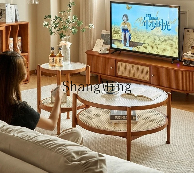 

FG living room round solid wood household glass small apartment double-layer simple rattan combination
