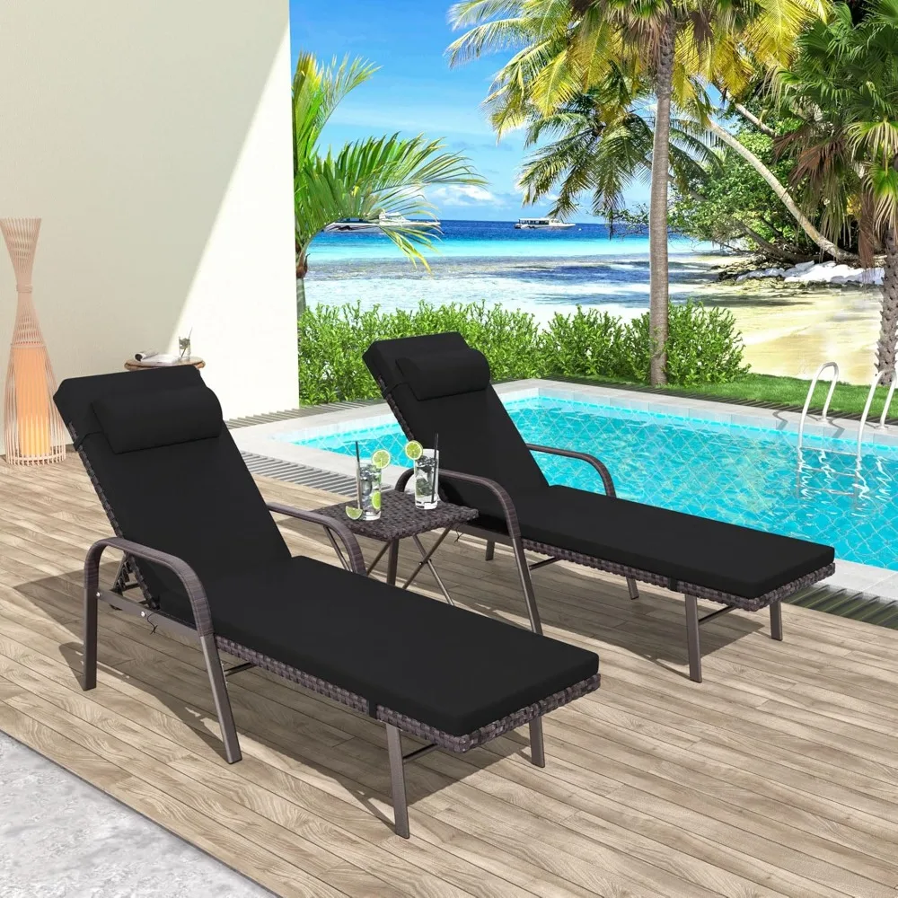 

3 Pieces Outdoor Folding Sun Lounge Chairs Set w/Folding Table, Arm & Adjustable Backrest for Poolside Porch, Sun Lounge Set