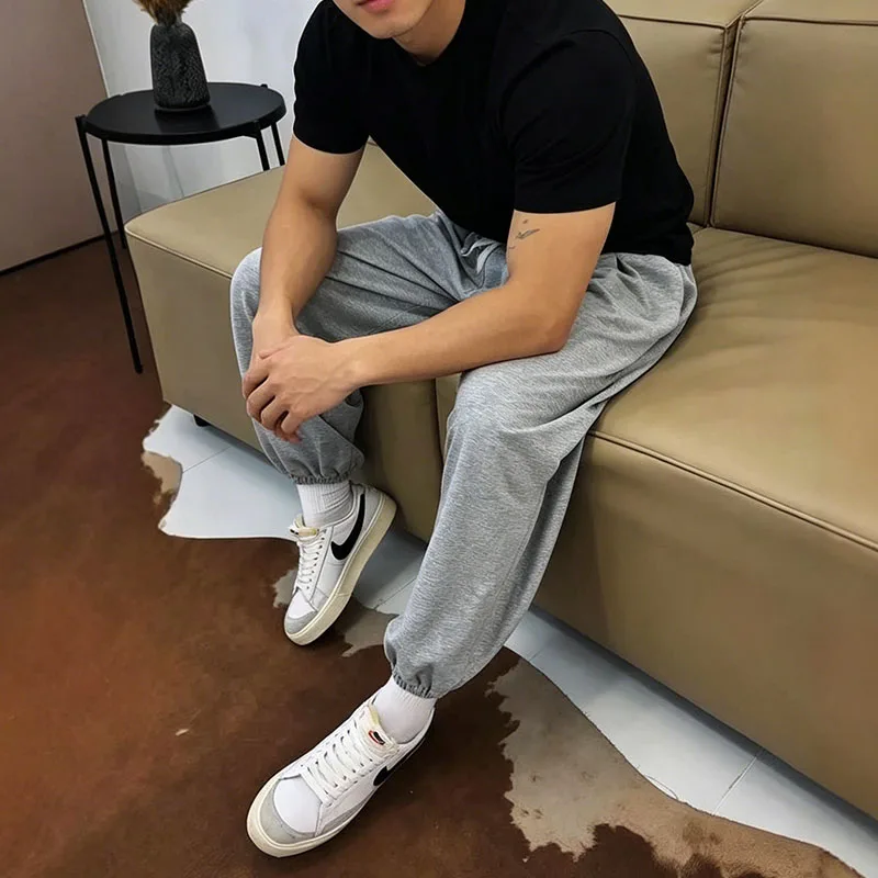 European American Retro Fashion High Street Solid Color Autumn Loose Casual Drawstring Elastic Waist Pants Men Women's Clothing