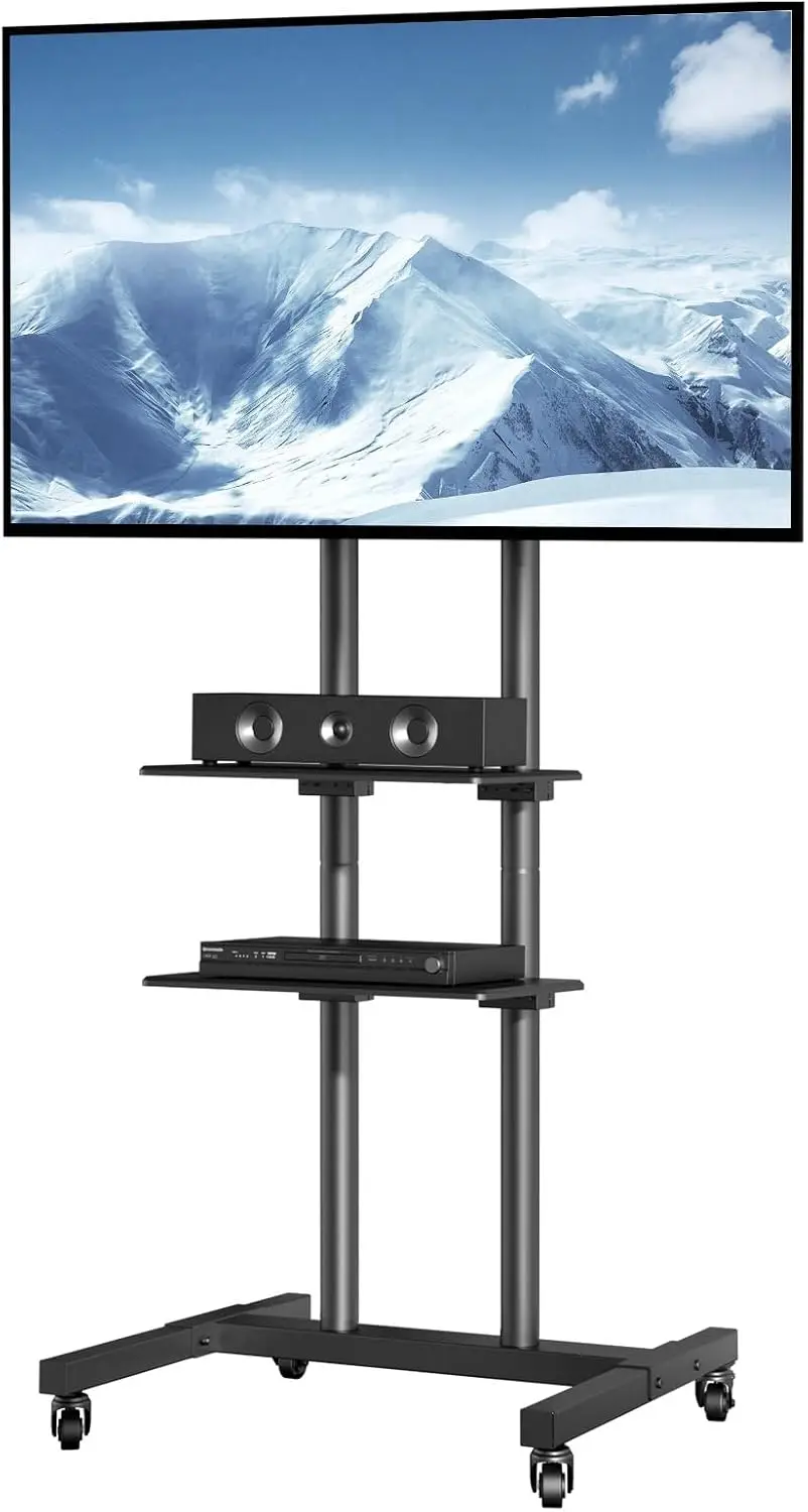 Mobile TV Cart for 32 to 70 inch TVs, Height Adjustable Portable TV Stand with Wheels and Double Tray for Audio-Visual Devices,