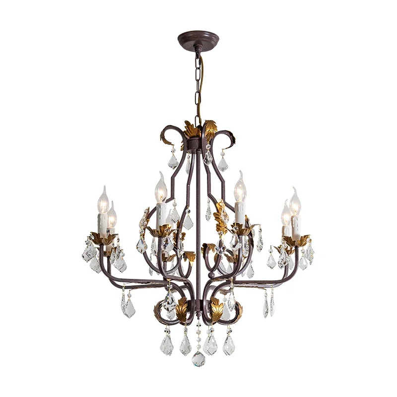 

American style country chandelier dining room living room bedroom lamp vintage rust color distressed candle crystal chandelier