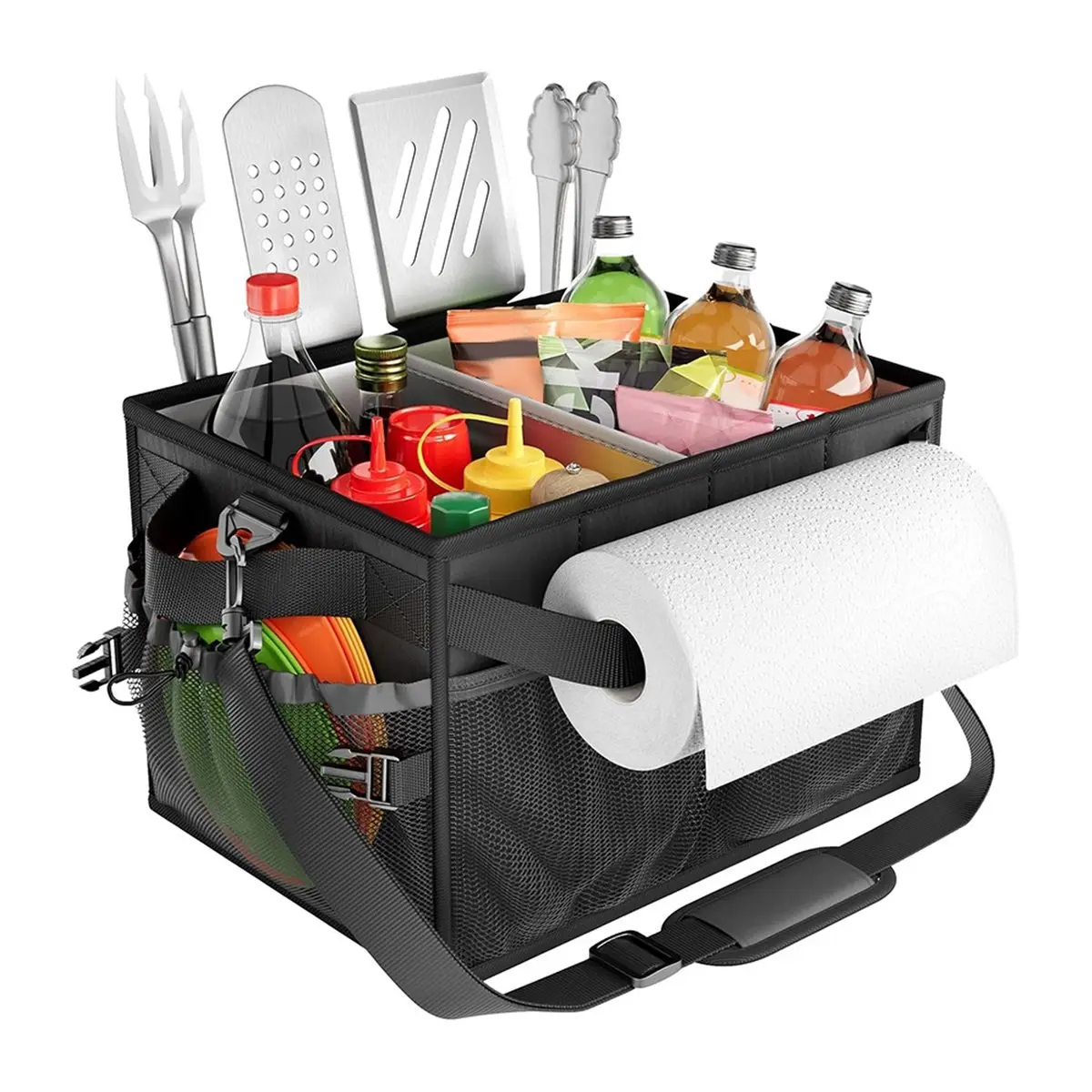 Large Grill and Picnic Caddys with Paper Towel Holder, BBQ Organizer for Utensil, Plate, Condiment, Griddle Caddys