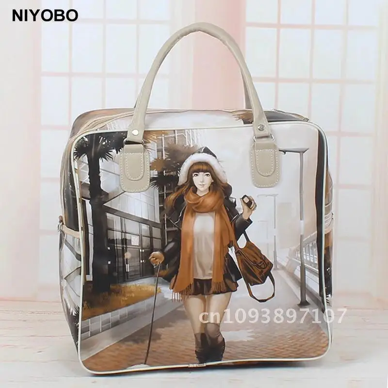 

2019 New Waterproof Women Travel Bag PU Leather Women Tote Lady Bag Luggage Duffel PT974 Travel Print Bag Bag Cartoon