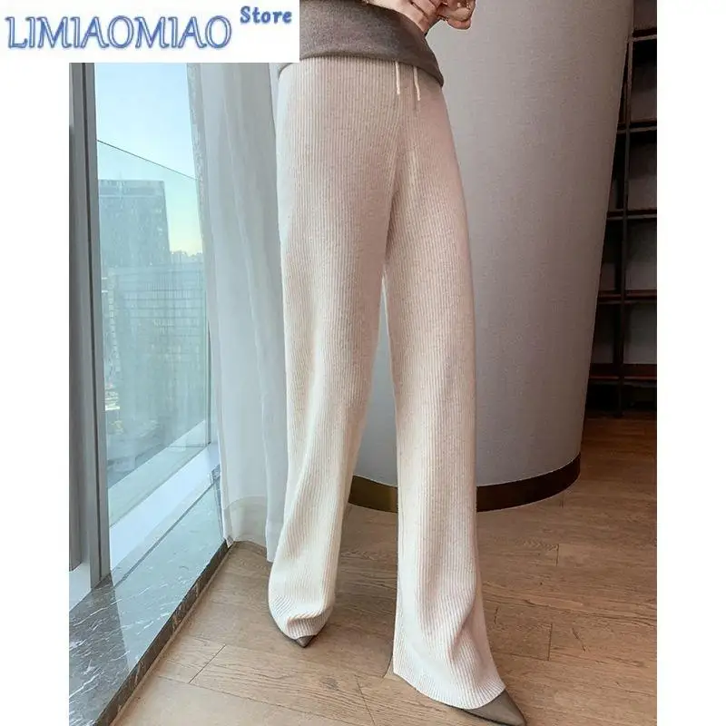 New Wool Wide-Leg Pants Women High Waist Loose Mop Slimming Outside Wear Bell-Bottom Pants High-End Thickening Knitted Trousers