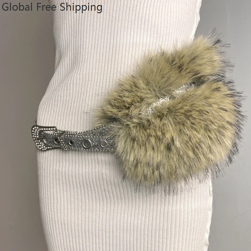 Rhinestone Fur Stitching Belt Fashionable Ladies Cosplay Shiny Fur Belt New Y2k Versatile Pin Buckle Eyelet Gothic Hot Girl Belt