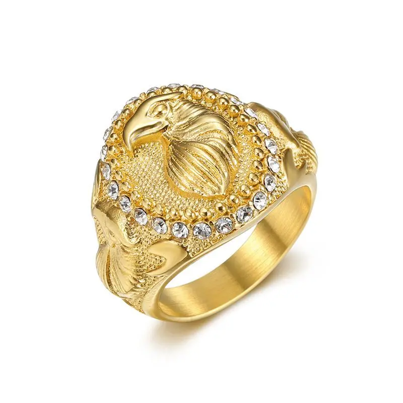 

Kitykiss Hip Hop Eagle Titanium Steel Men's Ring, Gold Plated and Diamond-Set, Unique Animal Fashion Accessory, Never Fades