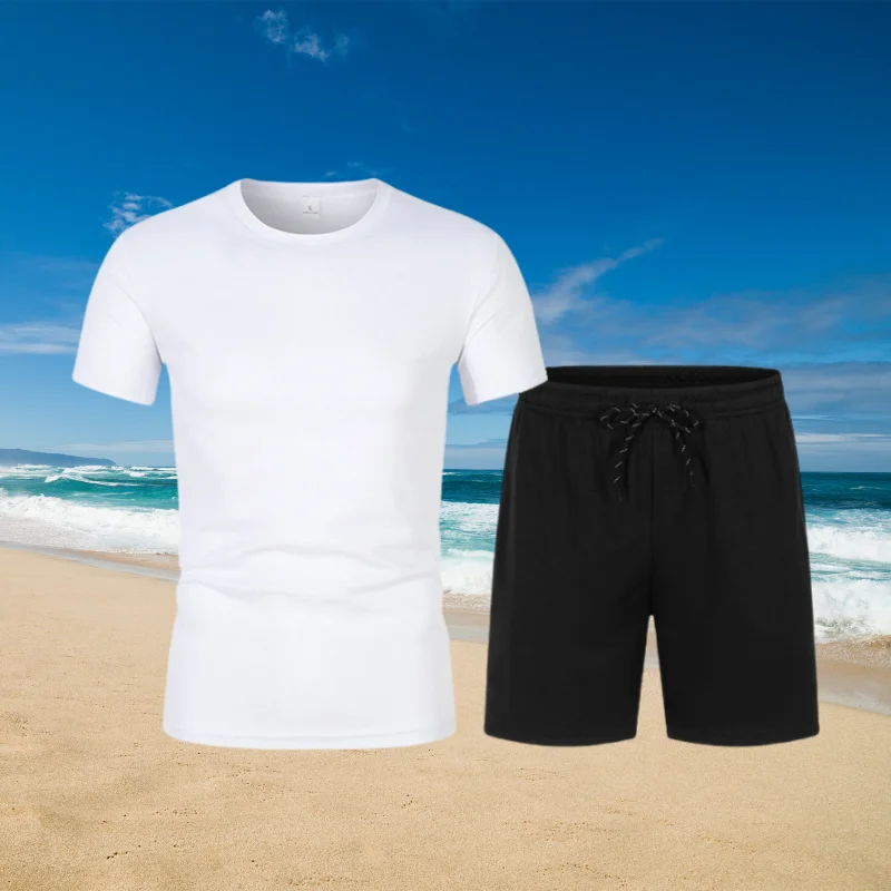 

2 Piece Men's Black And White Simple Quick-drying Breathable Suit Youth Sports Short Sleeve Middle-aged Plus Size Joker Shorts