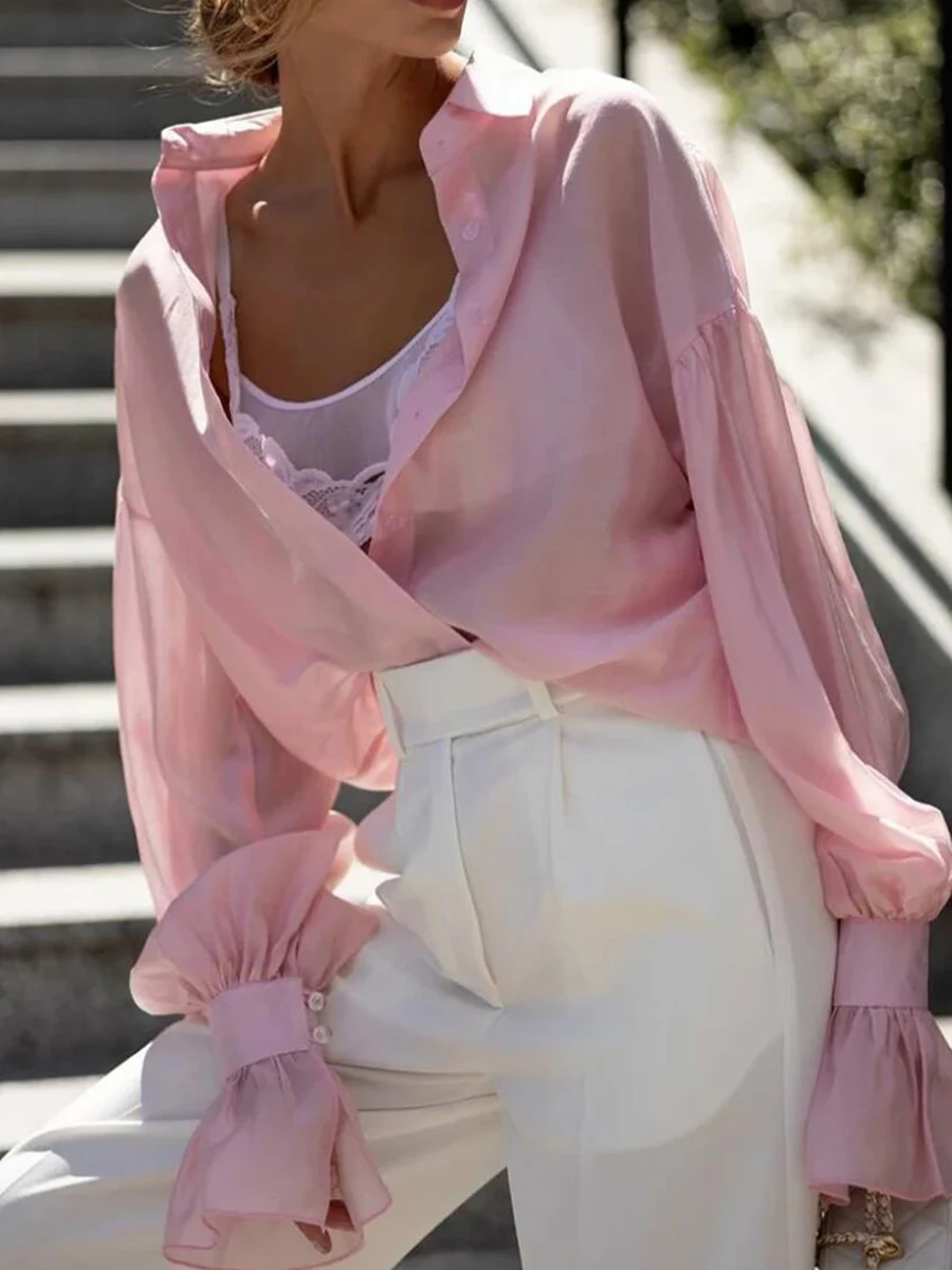 

Повседневные однобортные осенние топы Blusa, темпераментная блузка с лацканами и рукавами-фонариками, винтажные однотонные свободные женские рубашки