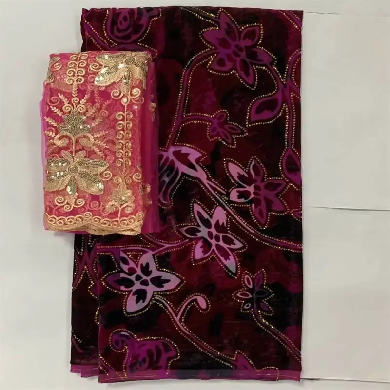 High quality african printed velvet fabric 5+2 yards for ladies to wear soft and comfortable printed velvet silk fabric.L68232