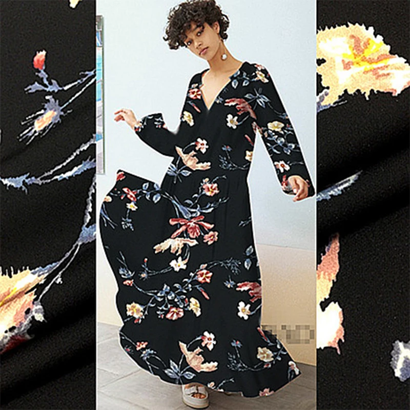 

1 meter 95% Mulberry Silk 5% Spandex 21 momme Heavy Silk Fabric Black Floral Printed118cm 46" wide by the yard XL332