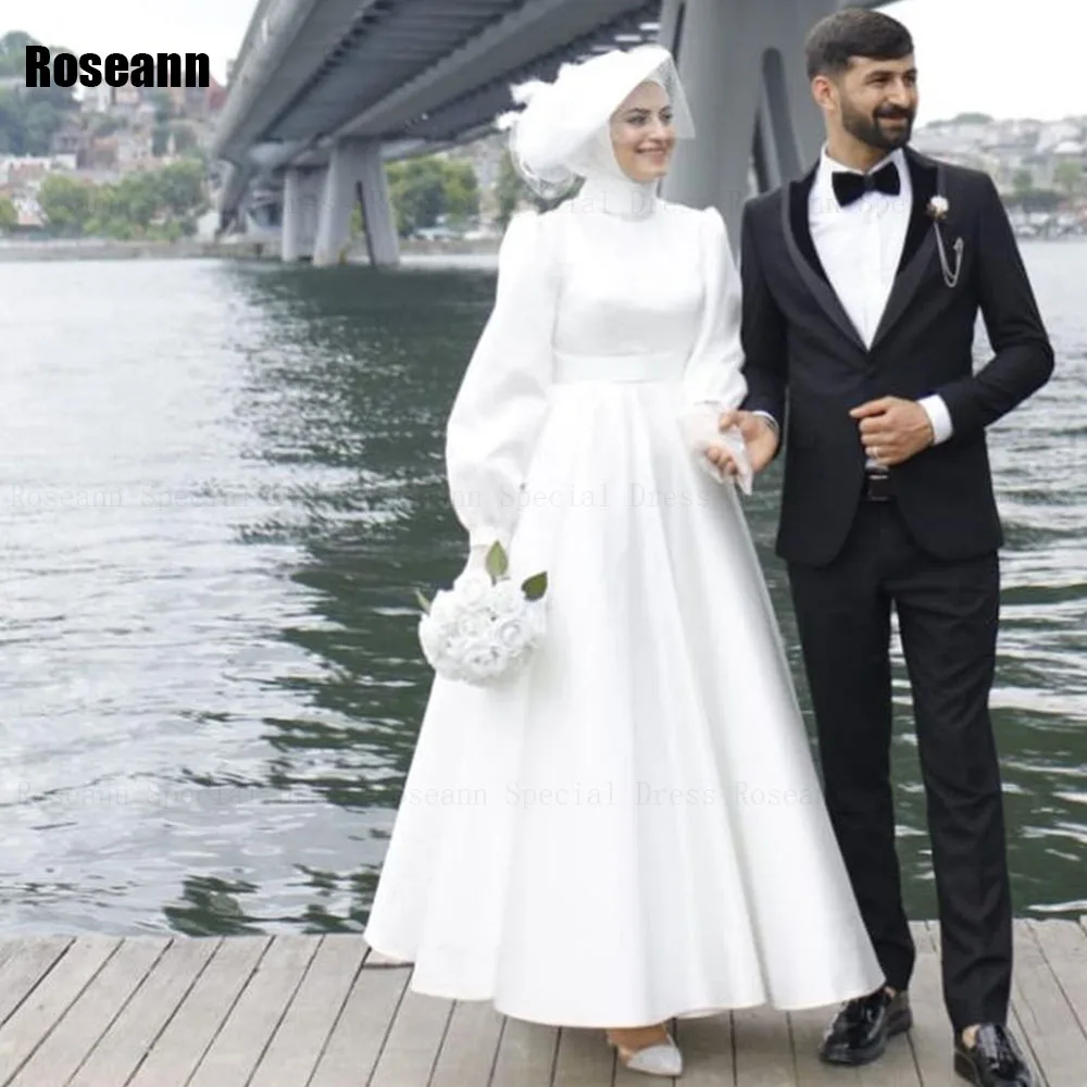 Muslim 2024 New Design Ivory Exquisite A-line Wedding Dresses High Collar Draped Pleat Anke Length Bride Dress robe de mariée