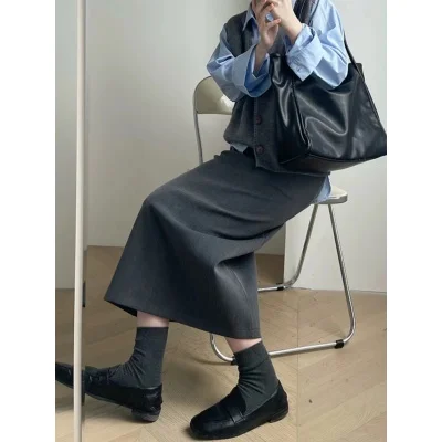 Elegant High Waist A-Line Skirt Korean Style Suit Half-length Back Split for Sweater And Coat Matching Autumn Winter New Arrival