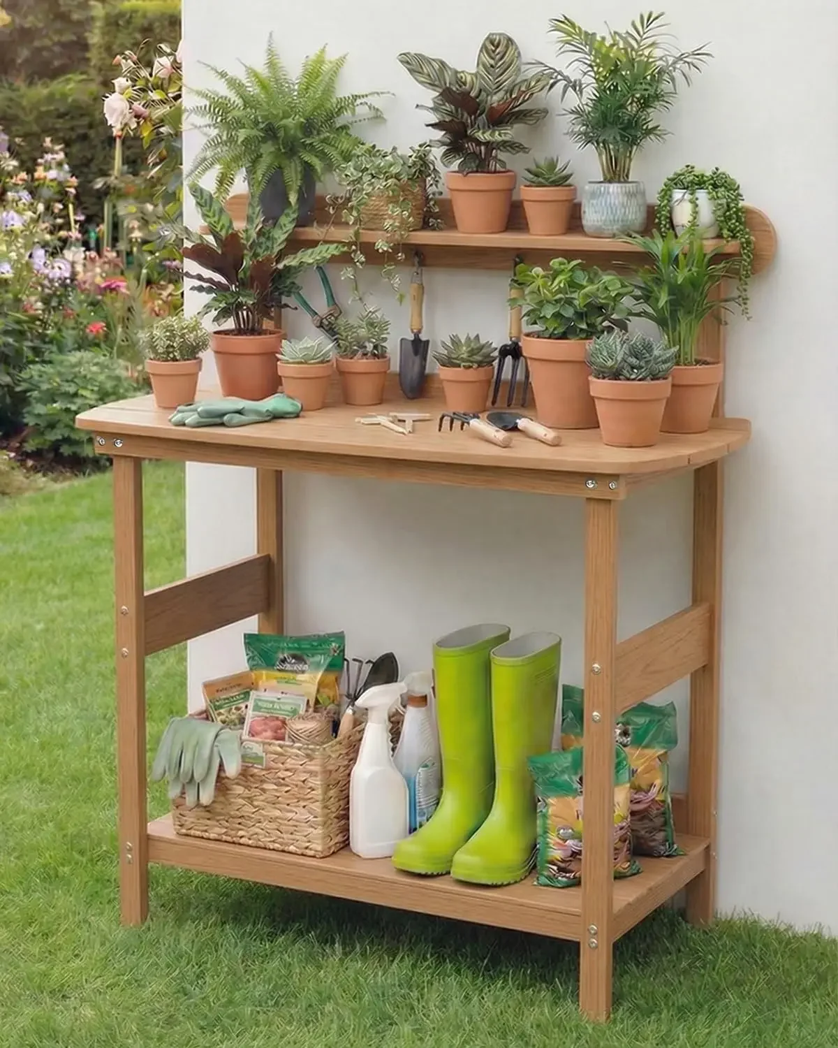 Potting Bench Table with 3-Tier Storage, HIPS Outdoor Gardening Table with 4 Self-Tapping Screws