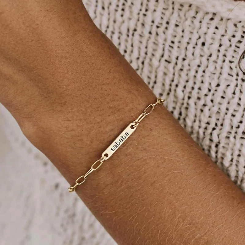 Custom Name Bar Bracelet for Women, Stainless Steel Paperclip Chain Personalized Engraved ID Bracelet Dainty Minimalist Jewelry
