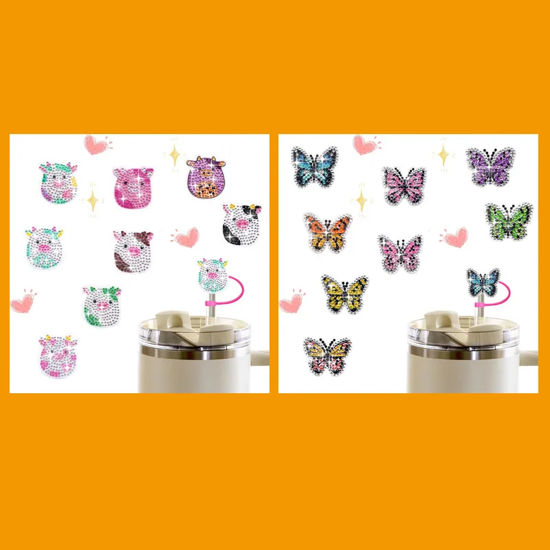 8 tapas de paja acrílicas pintadas con diamantes DIY, tazas y utensilios para beber, adecuadas para vasos termo, vasos de plástico y tazas de té con leche