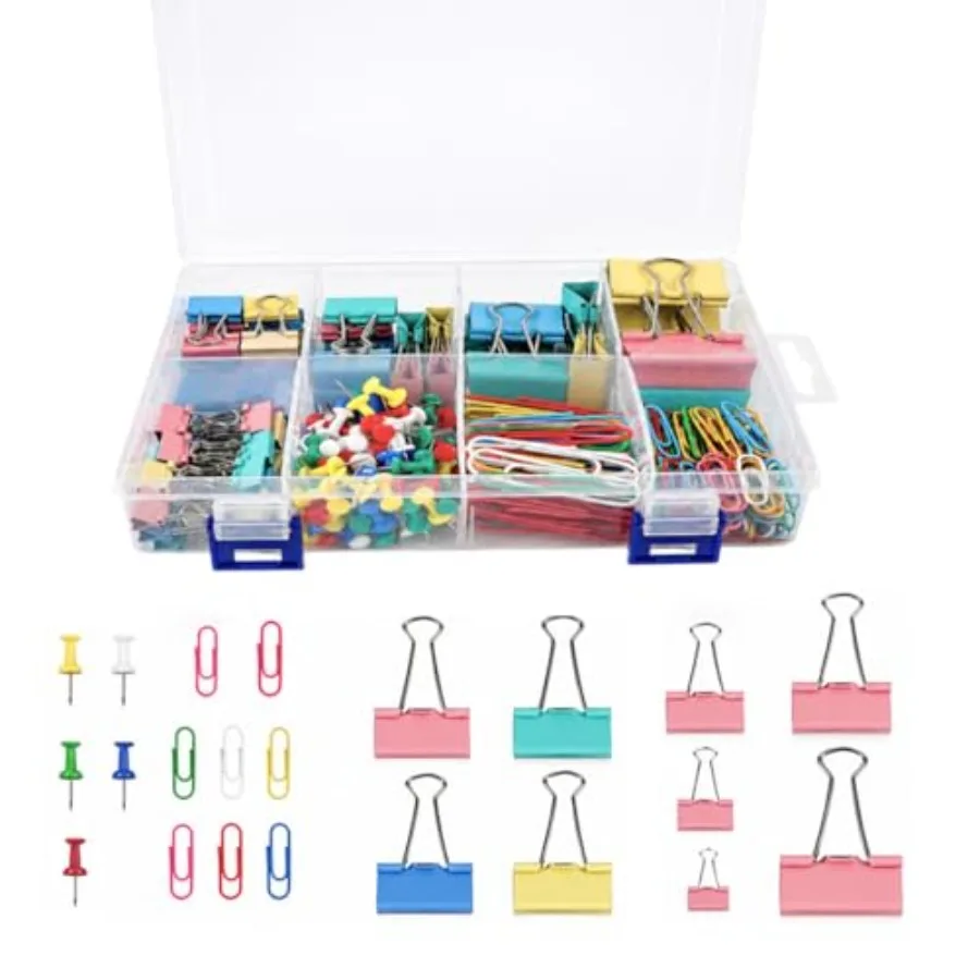 

315PCS Colored Binder Clips Assorted Sizes Set, Metal Binder Clip with Colorful Paper Clips and Push Pins Bulk, Office Supplies