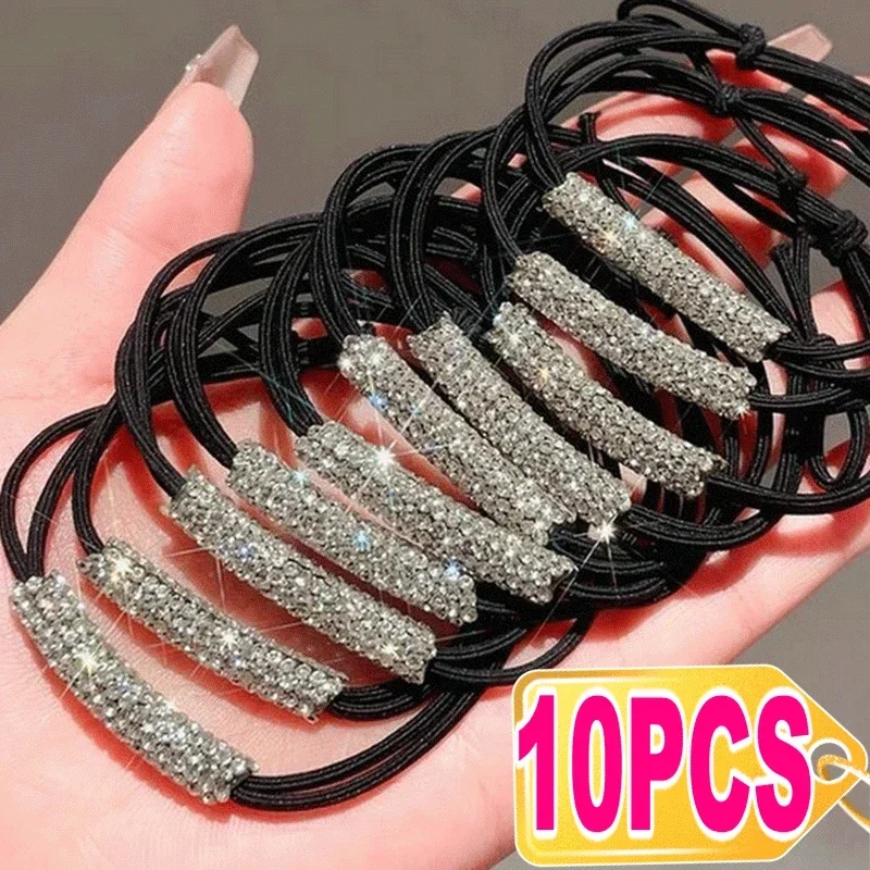 1-10 pçs feminino diamantes preto brilhante strass sem costura faixa de borracha elástica corda de cabelo 2023 nova moda venda quente acessórios