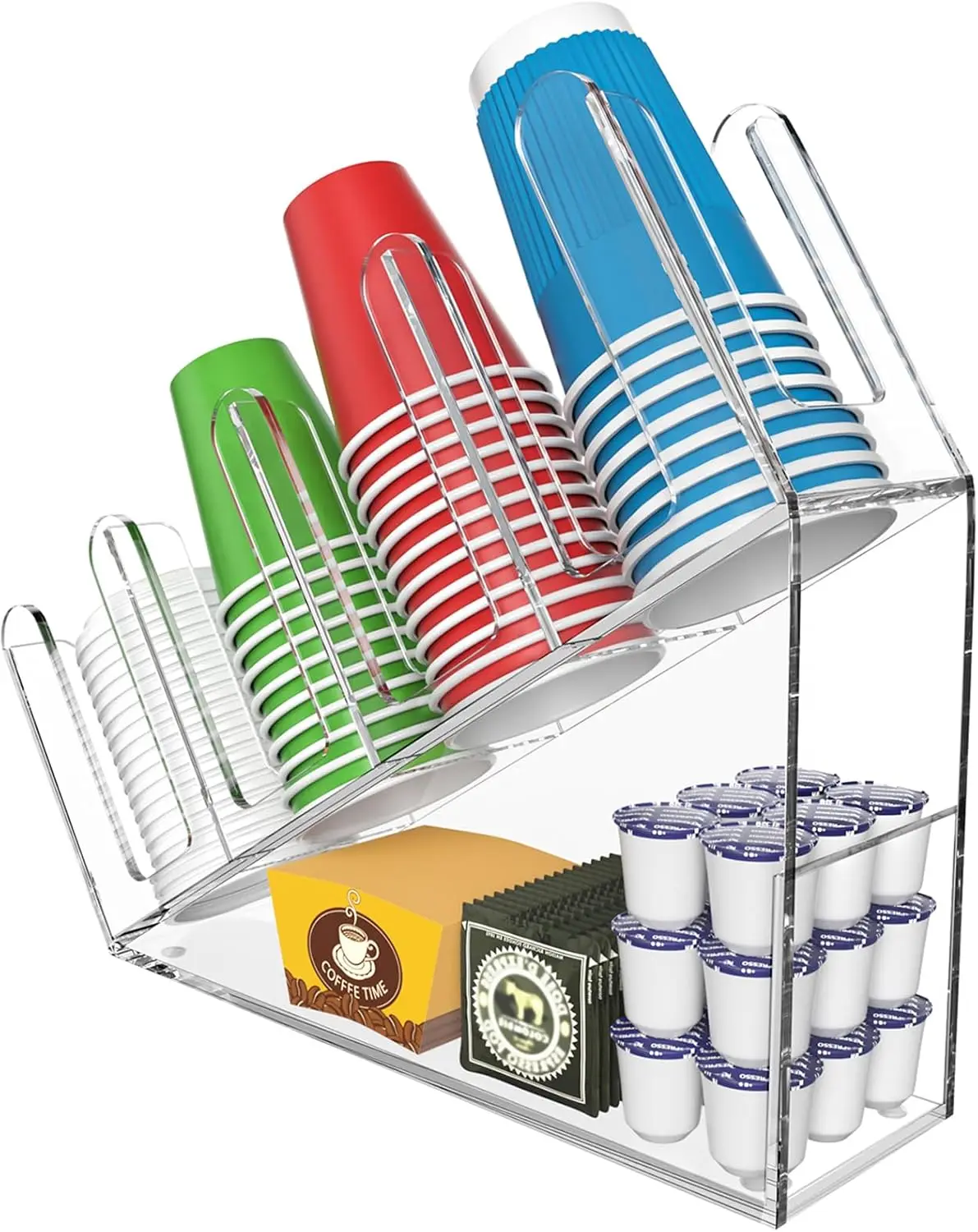4-Compartment Disposable Cup Holder - Cup and Lid Holder with Straw Organizer Clear Acrylic Cup Dispenser with Coffee Pod Storage for Coffee Station Bar Countertop Restaurant Breakroom