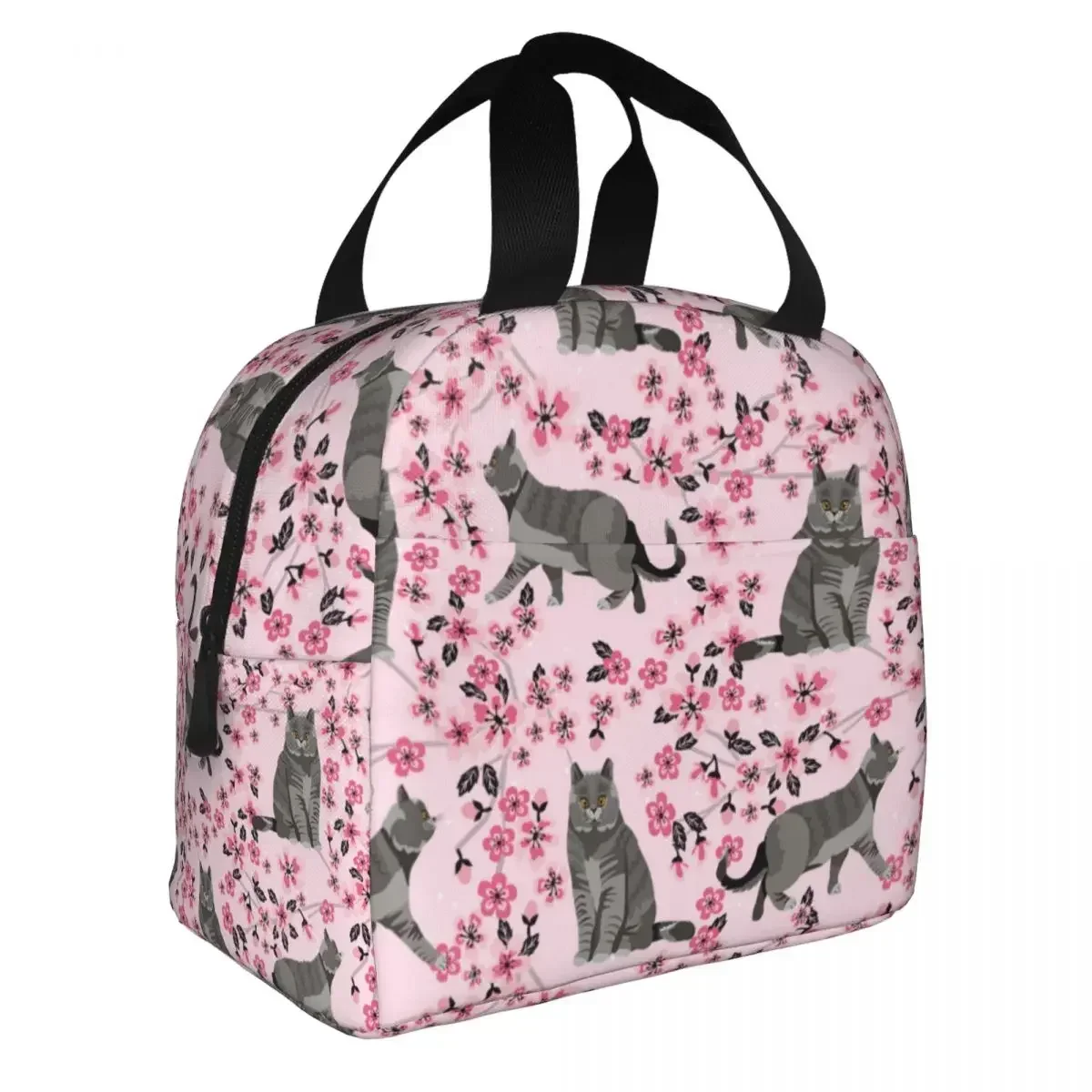 British Shorthair Pink Cherry Blossoms Lunch Bags Portable Insulated Cooler Bags Thermal Food School Lunch Box for Women Kids