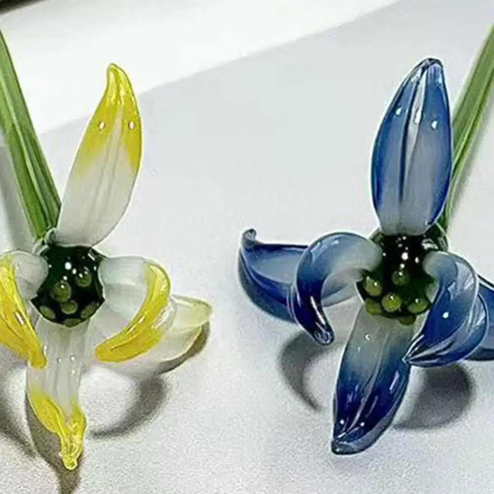 Glass Flower Decor Small Glass Flower Handmade Glass Orchid Flower Decoration Hand-blown Mini Floral Ornament with Stem for Home