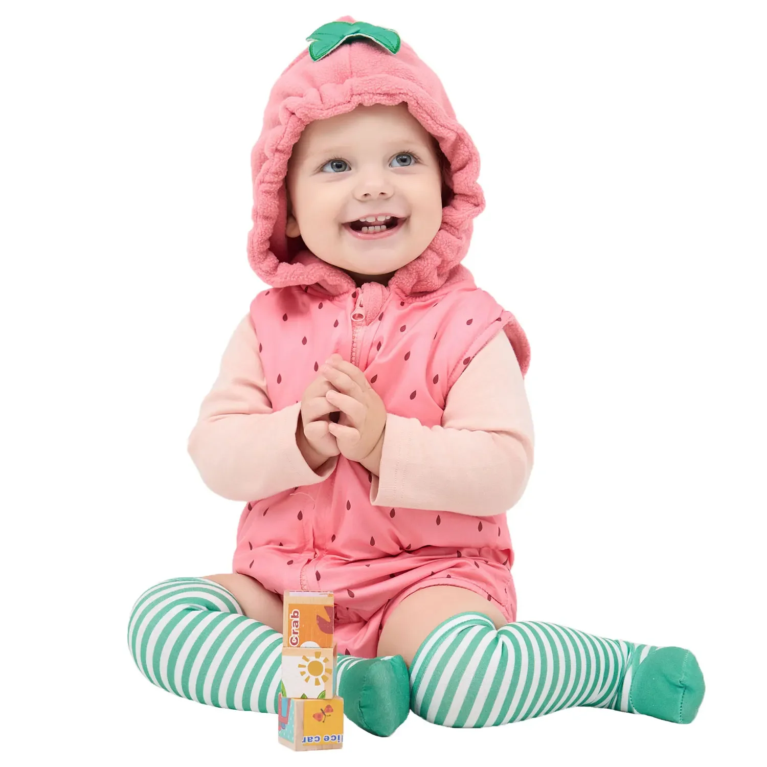 Umorden 2pcs/set Pink Strawberry Romper Bodysuit Costume for Baby Girls 6M 12M 18M Double Layer Hoodie Windproof Sleeveless