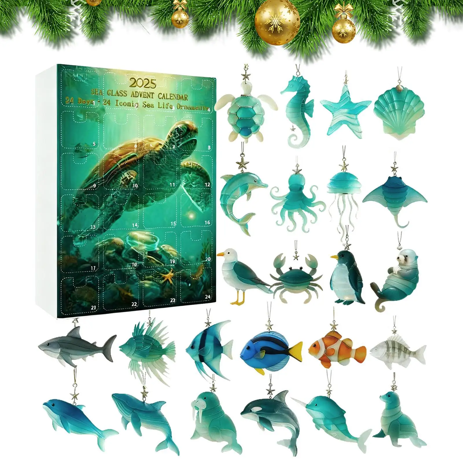 Weihnachts-Countdown-Kalender, 24 Tage, 2D-Acryl-Anhänger, Meerestier-Baum-Anhänger, Weihnachtsbaumschmuck, Urlaub, Party-Geschenke