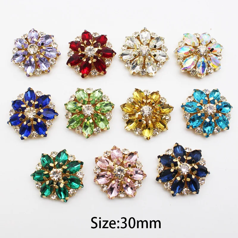 Gold 30mm 2pcs Flat Bottom Button Crystal Flower Decoration For Clothing Circular Sewing Decoration Rhinestone Accessories