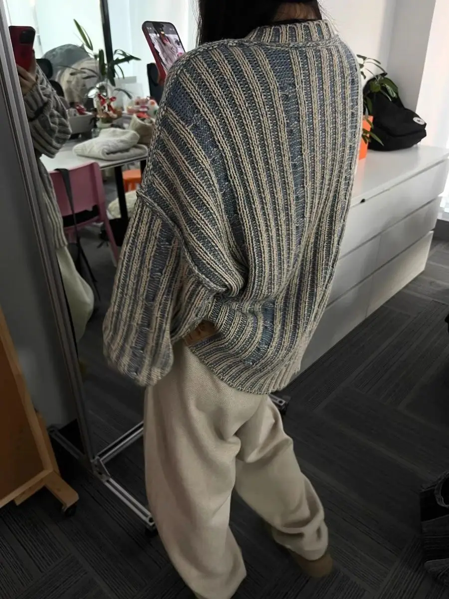 Women Contrast Color Vintage Striped Long Sleeve Knitted Pullovers O Neck High Street Chic Couples Sweaters Y2k Sueter Mujer image 4
