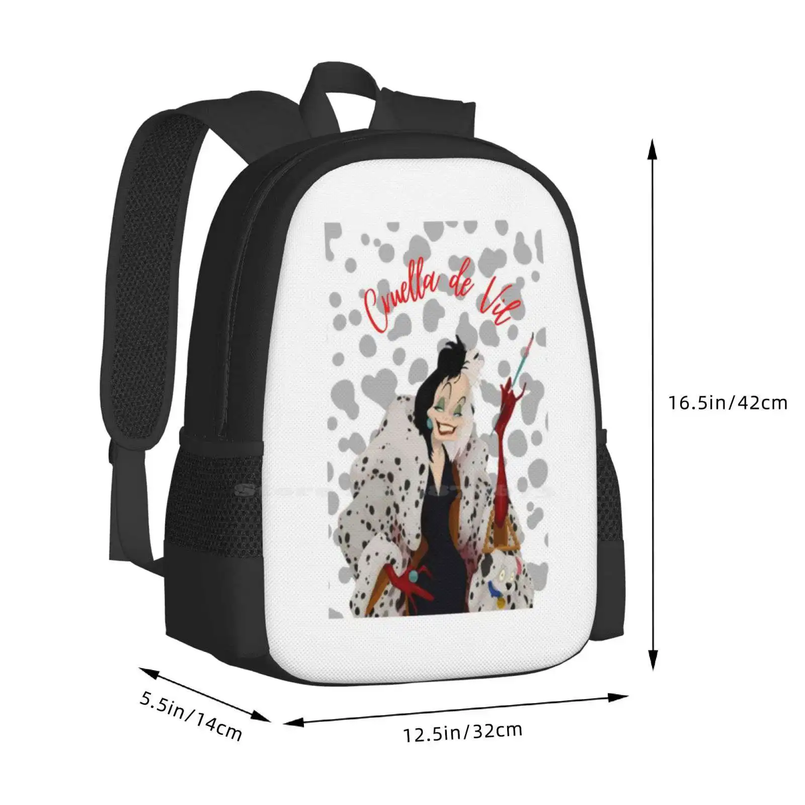 Cruella De Vil Dalmata stiker desain pola tas sekolah ransel Vile Cruella Villain anjing mantel Dalmatian 101 Dalmatian