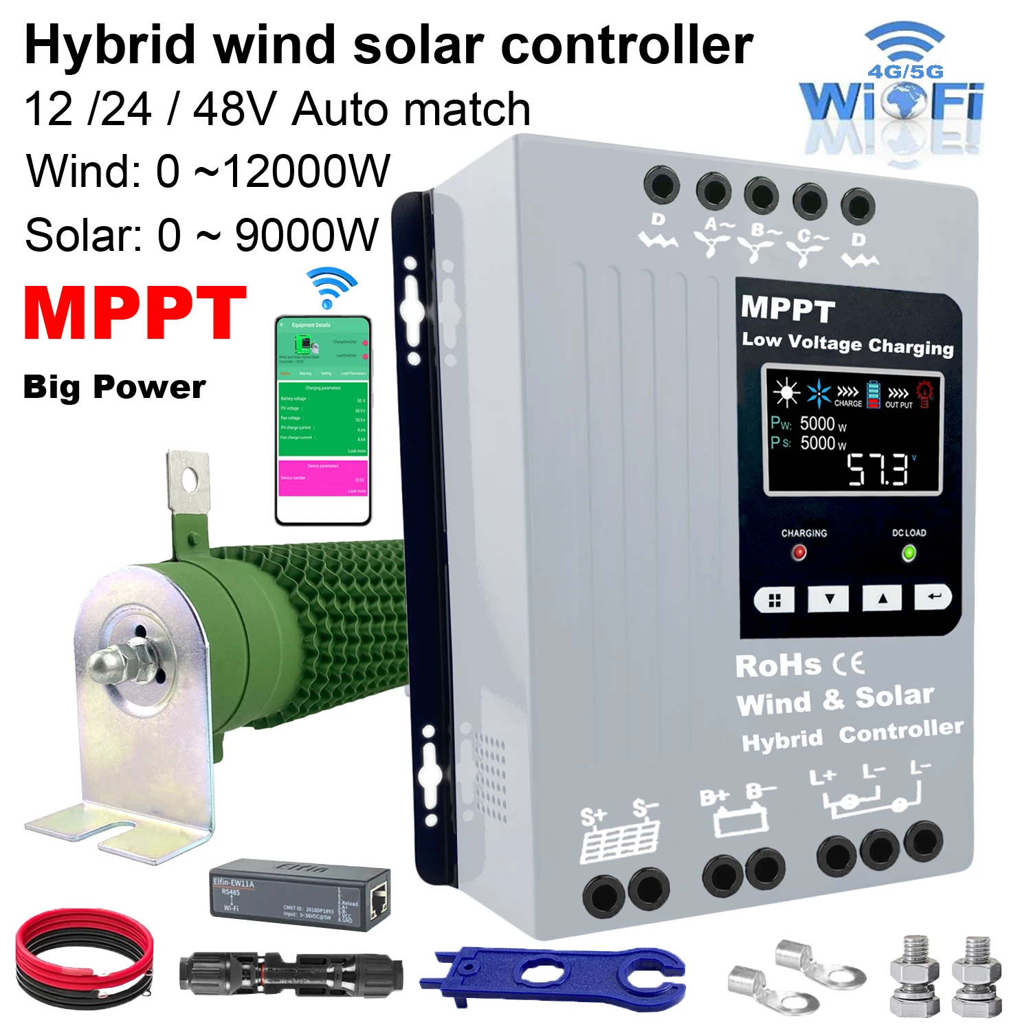 12V 24V 48V 6000W Built-in WiFi Hybrid Wind Energy Solar Charging Controller MPPT Wind System Lifeplay, For Lifepo4 Full Battery