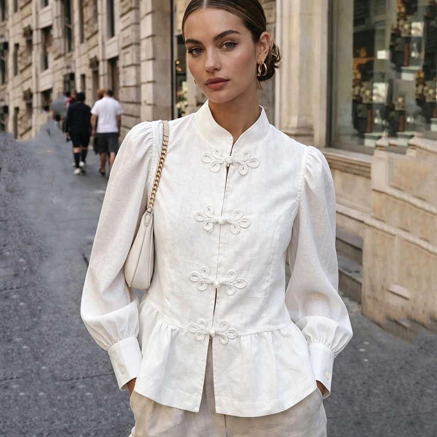 Linad Blusa Elegante de Estilo Chino con Mangas Abullonadas Blancas, Cuello Mao, Plisada, de Algodón y Lino, para Mujer, Estilo Urbano Chic 2026