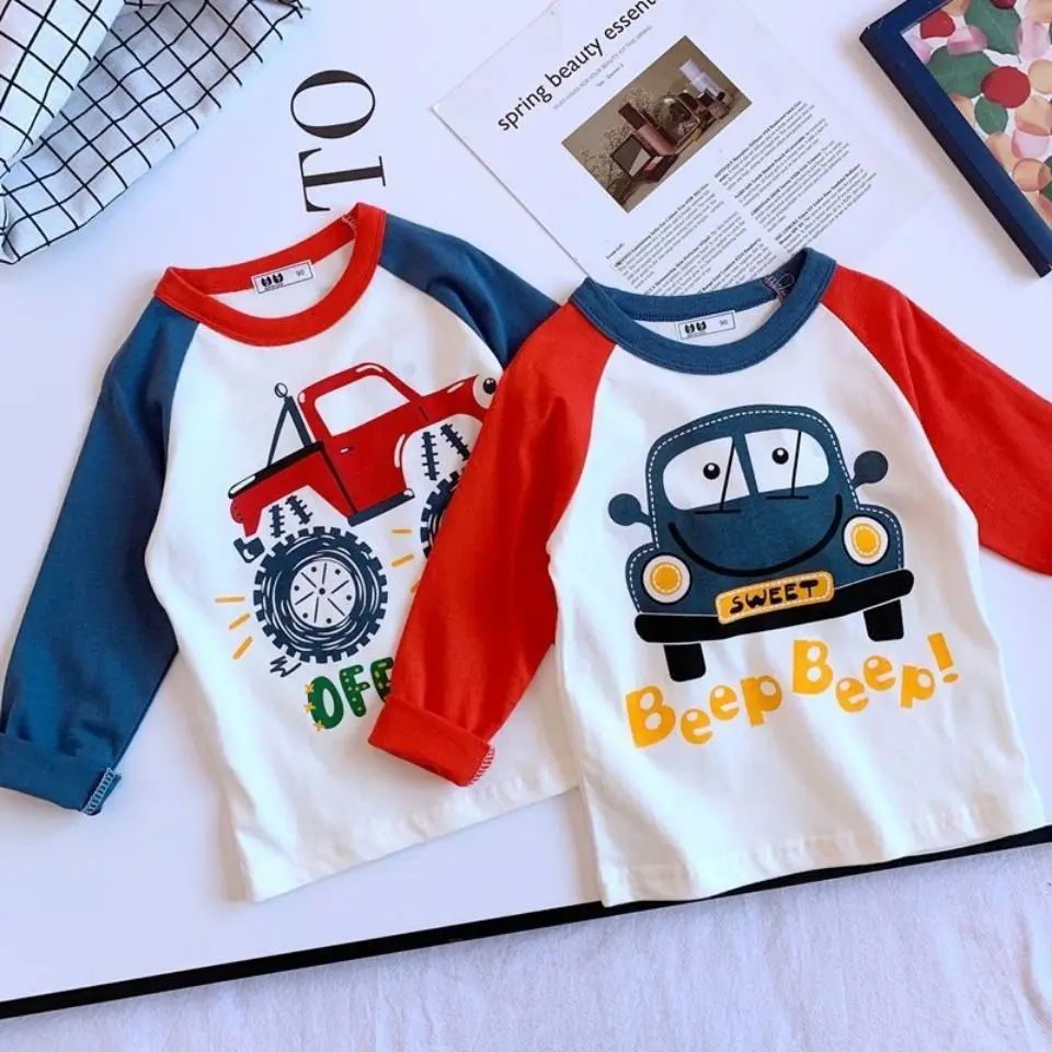 

Boys' Long Sleeved T-shirt 12M-6Y Children's Spring and Autumn Base Shirt Kids's Cartoon Car Long Sleeved Top