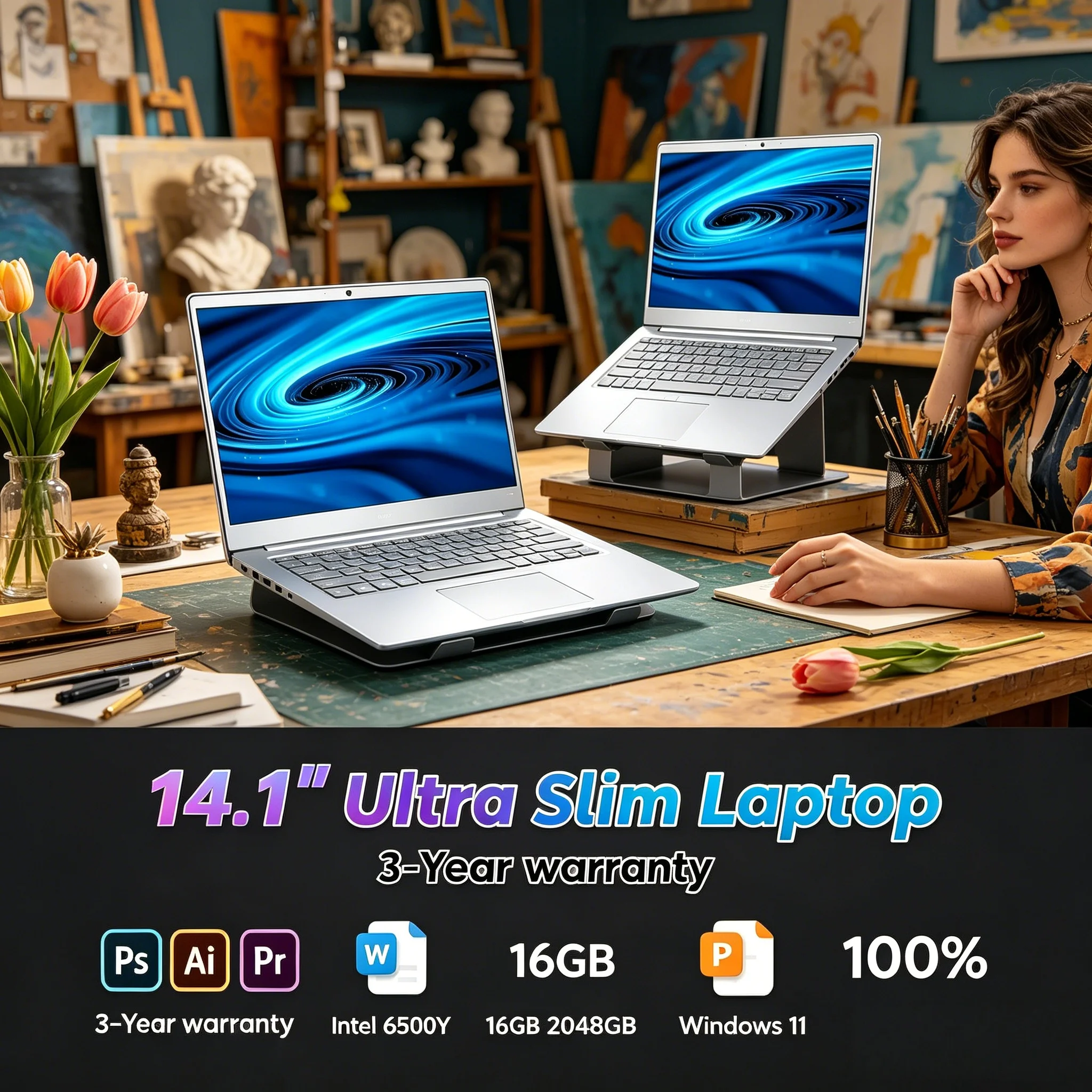 

Slim Portable 14.1" Laptop Intel Core 6500Y 32GB Large Memory 2TB SSD Fingerprint Unlock Backlit Keyboard Win11 Office PC