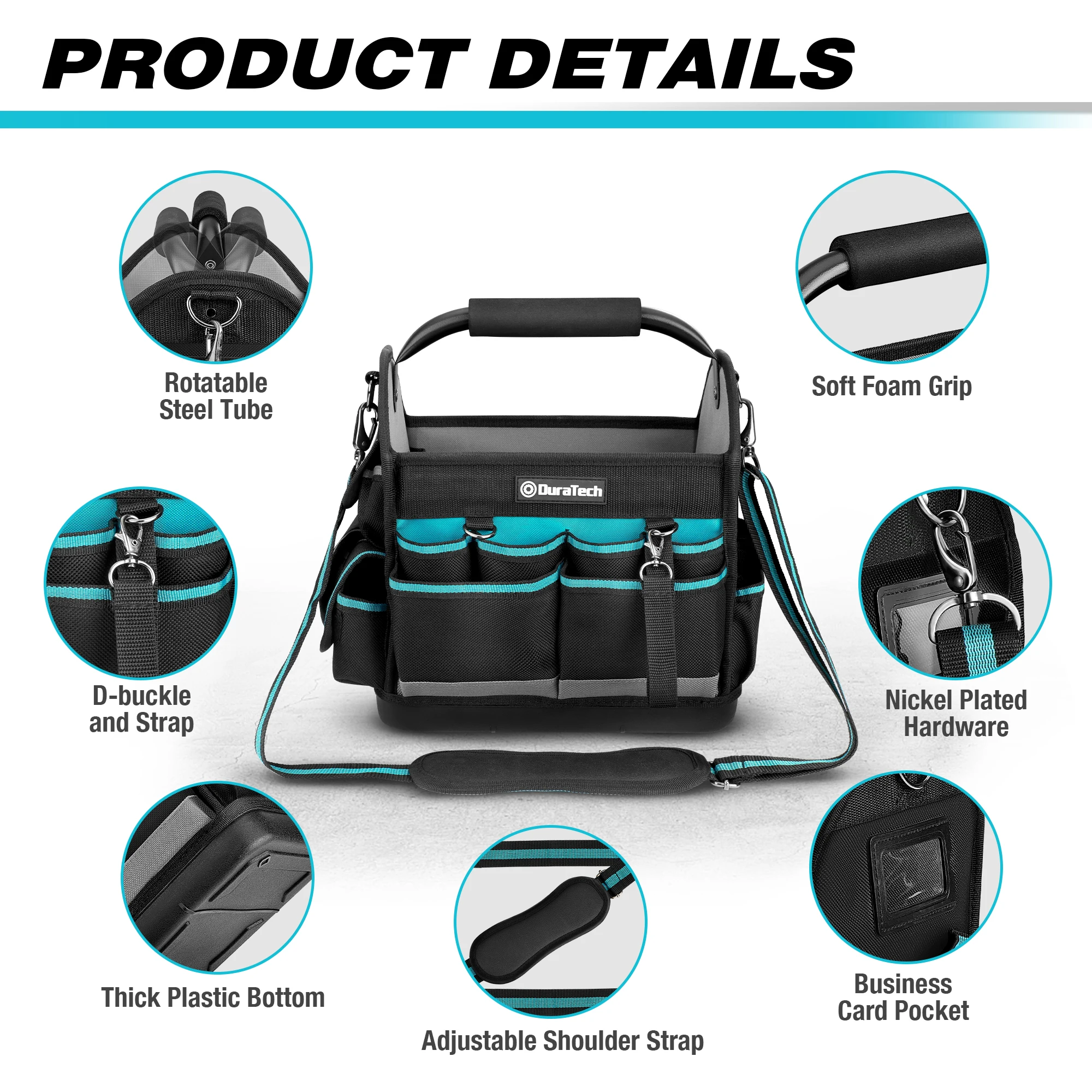 DuraTech 12 Inch Tool Bag with Multi-Pockets Wide Mouth Tool Tote Durable Wear-Resistant Base Waterproof Oxford Cloth Bag