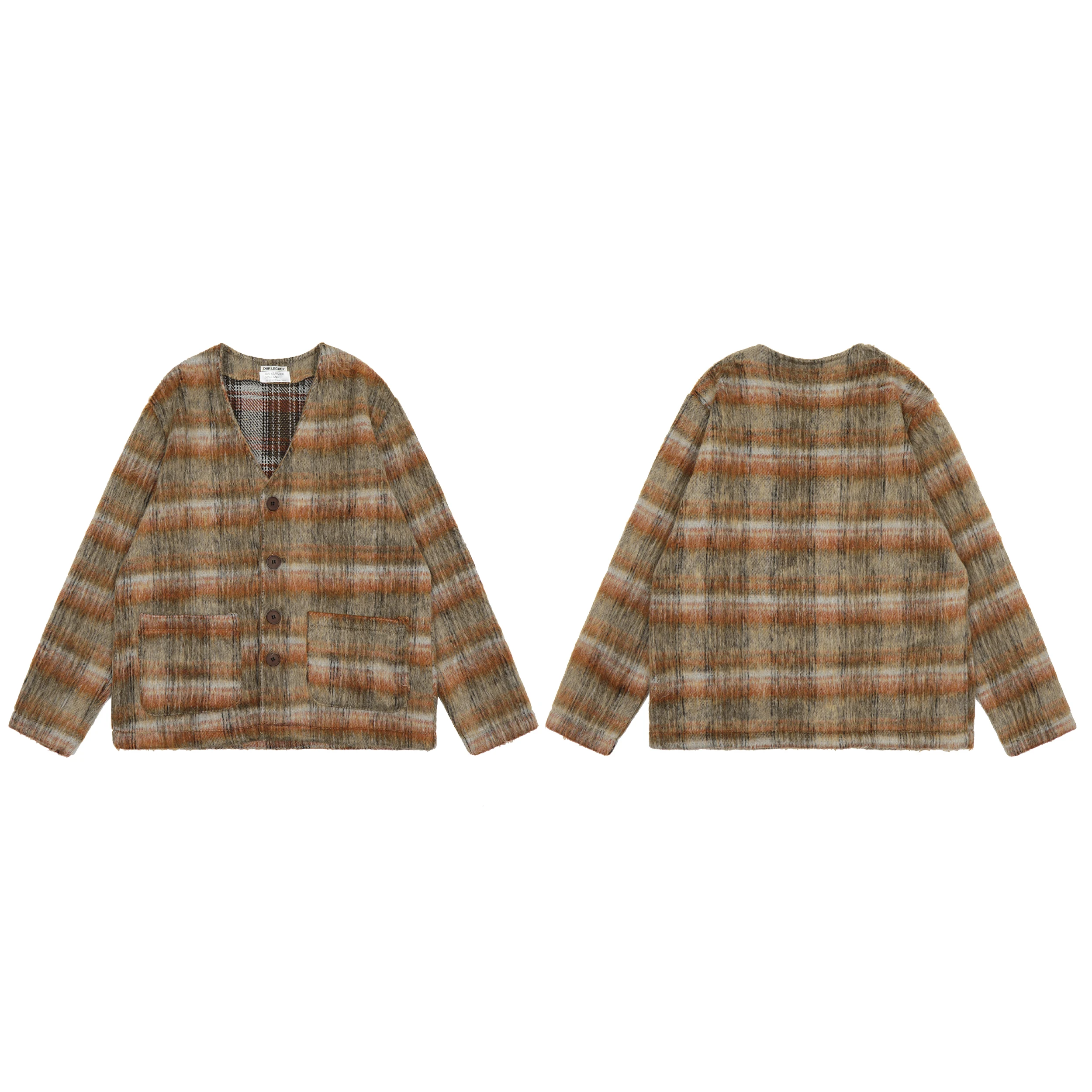 Autumn Men's and Women's Brown checked mohair cardigan wool blend sweater V-neck fur coat ropa hombre