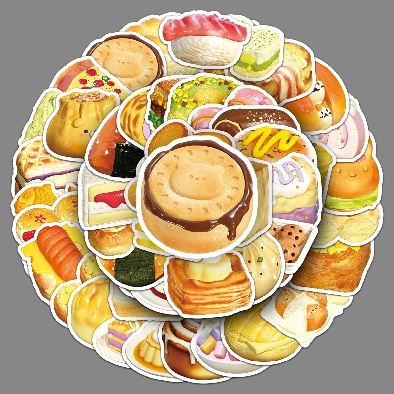 50 Stück leckere Gebäck-3D-Kuchen-Cartoon-Lebensmittel-Aufkleber, wasserdicht, zur Dekoration von Kühlschrank und Notizbuch