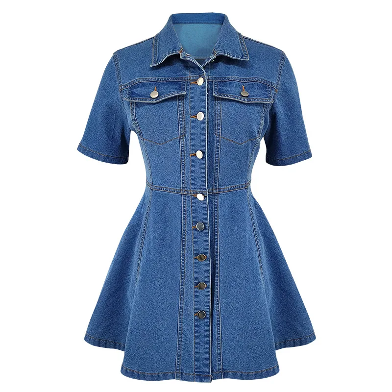 

Women Dresses Denim Dress Solid Pocket Turn Down Collar Short Sleeves Single Breasted Cinched Waist Mini Length 2026 Spring