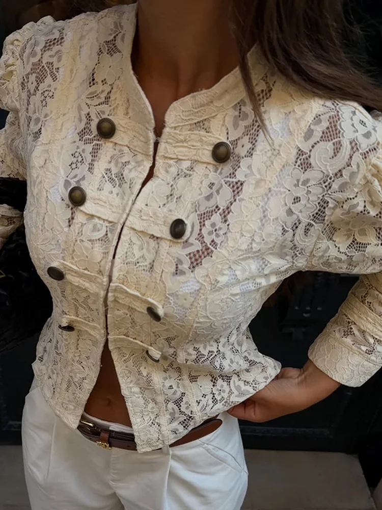 Tossy Mandarin Collar Lace Shirt Button Front Long Sleeve Cropped Spring Casual Floral Lace Sheer Fabric Solid Color Women Shirt