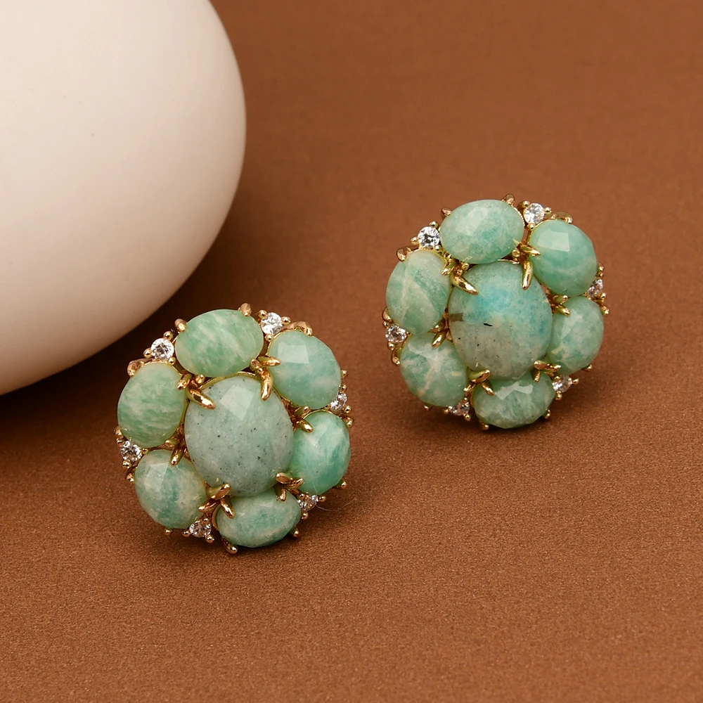 G-G Natural Amazonite  Blue Crystal Cubic Zirconia Flower Shape Earring -Jewerly Gift