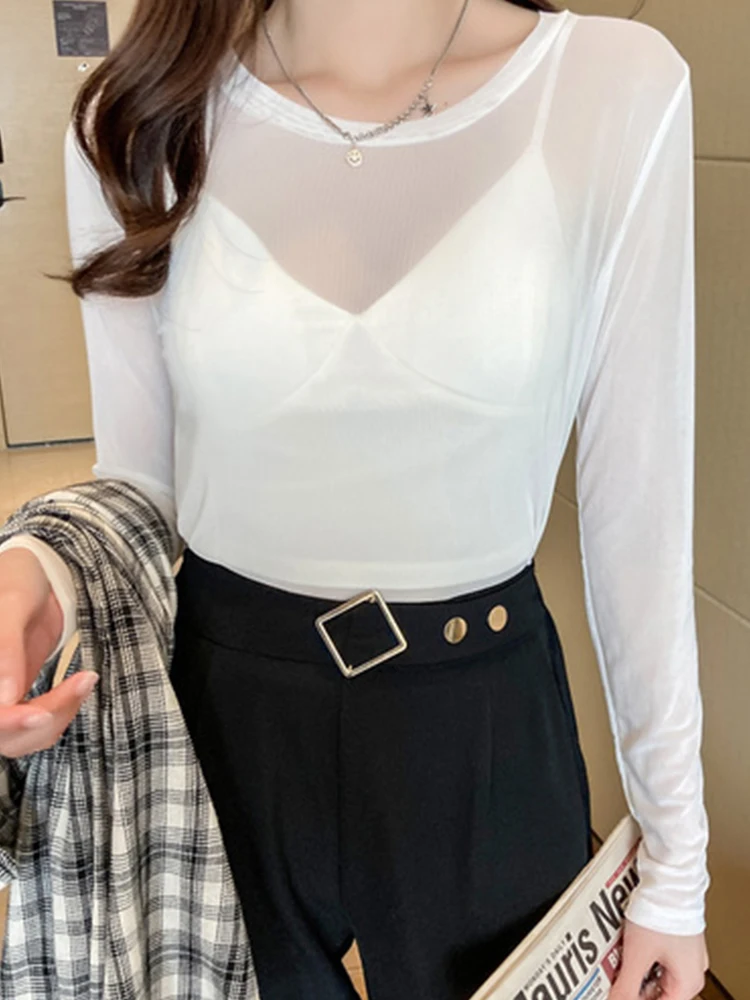 Mùa Hè Thời Trang Hàn Quốc Lưới Áo Thun Nữ Vintage Trong Suốt Cao Cấp Cho Nữ Rời Màu Trắng Trong Suốt Nữ Công Sở Áo Sơ Mi