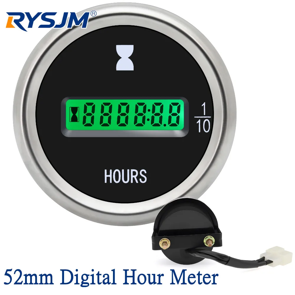 12V/24V 52mm Electronic Hour Meter Gauge Green LED Digital Car Timer for Car Truck Boat Hourmeter Hour Gauge Counter Timer Gauge