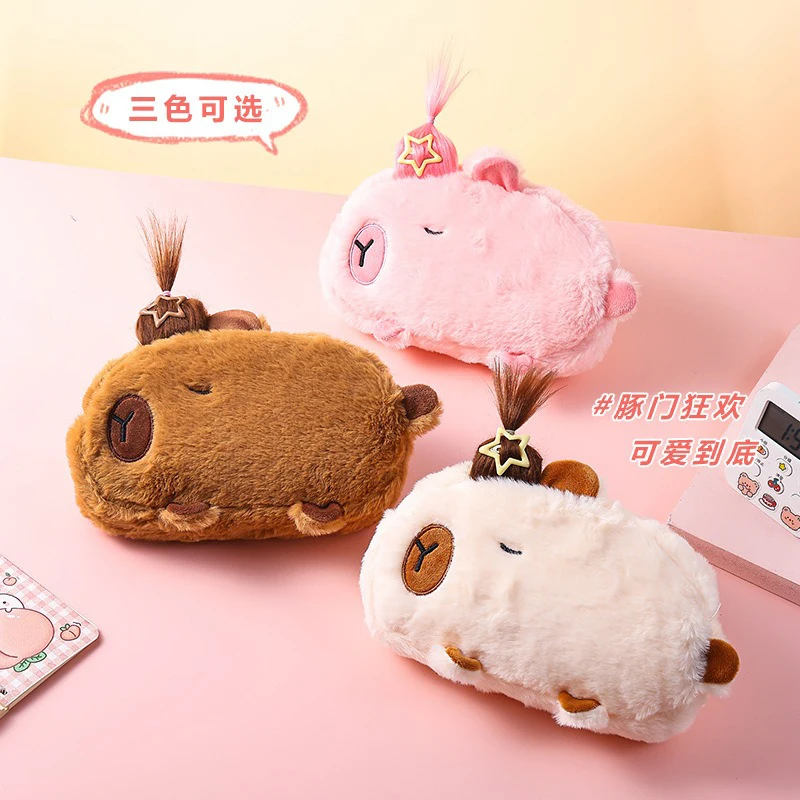 Kawaii Cartoon Creative Pencil Bag Student Capybara Plush Stationery Storage Bag Large Capacity Learning Stationery Supplies