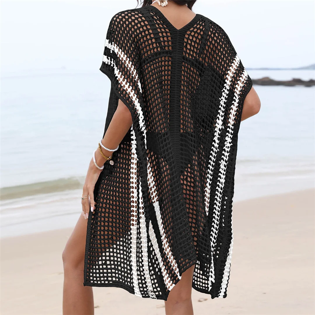 2026 Ausgehöhltes Kurzarm-Häkel-Strick-Tunika Strandkleid Strandkleidung Strandmode Strandüberwurf Damen V6593 – Detail 17