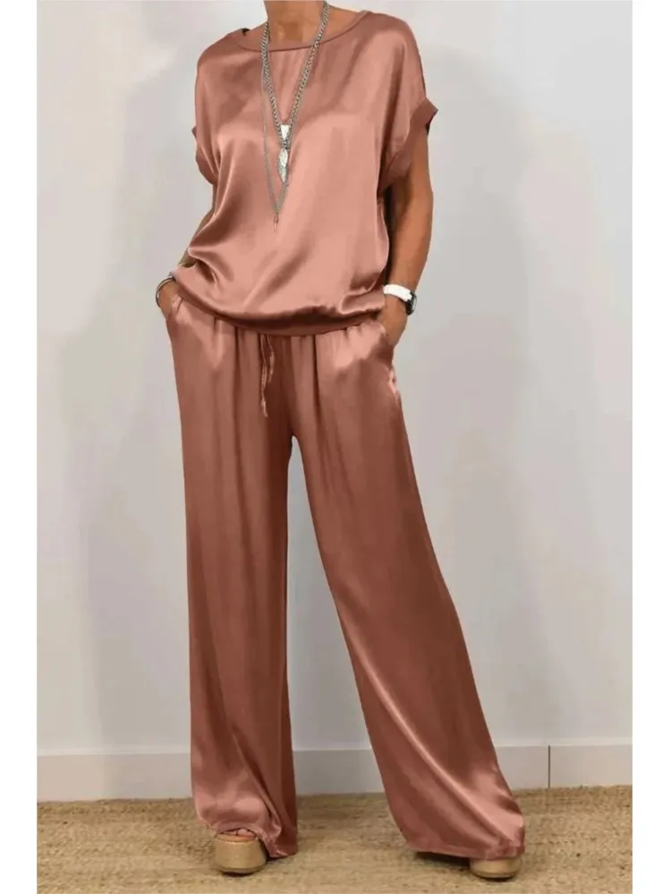 Spring Summer Fashion Solid Smooth Satin Two Piece Sets New Women's O-neck Short Sleeve Top + Wide Leg Pant Casual Loose Set image 5